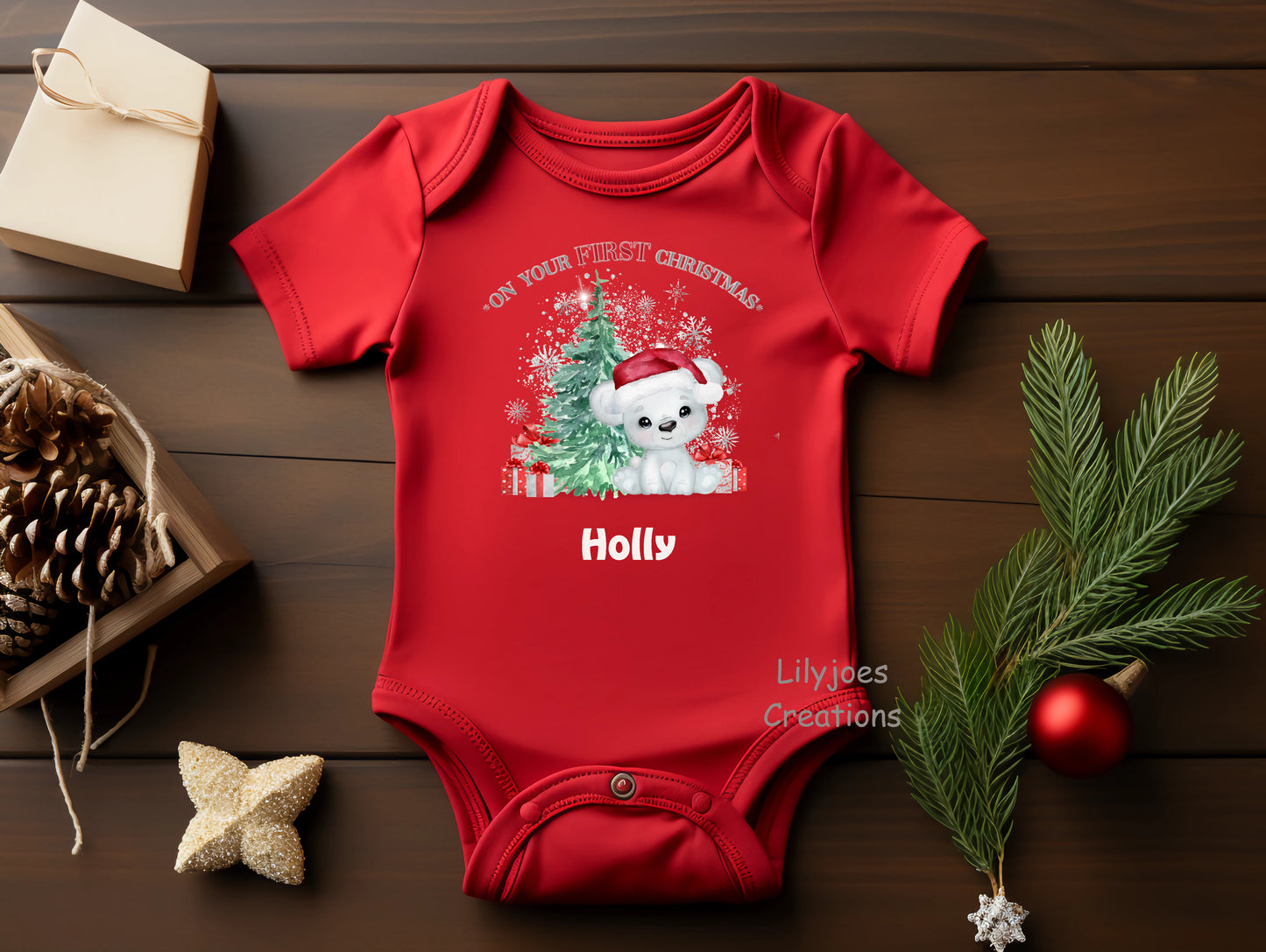 Red Baby Vest First Christmas White Bear