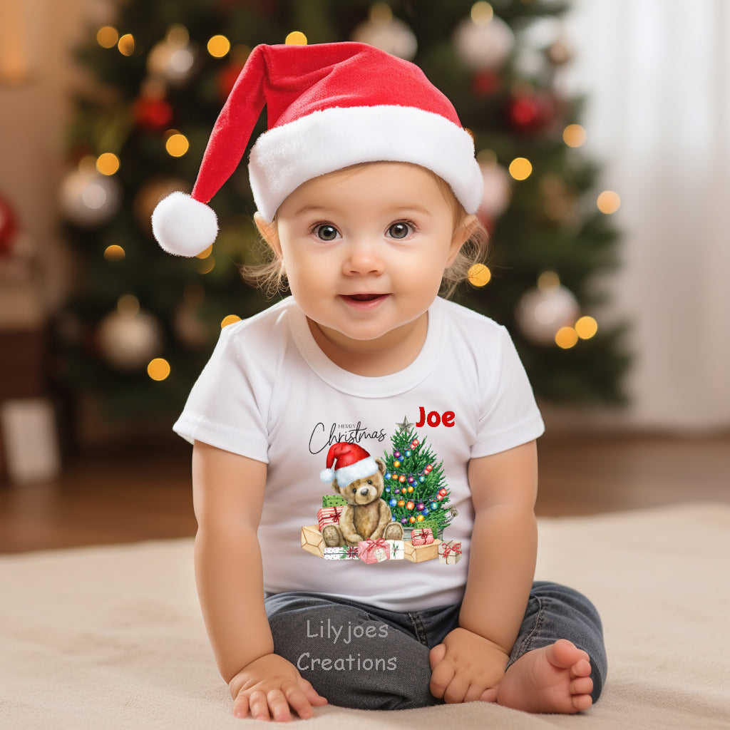 White Baby Vest Merry Christmas Bear Tree