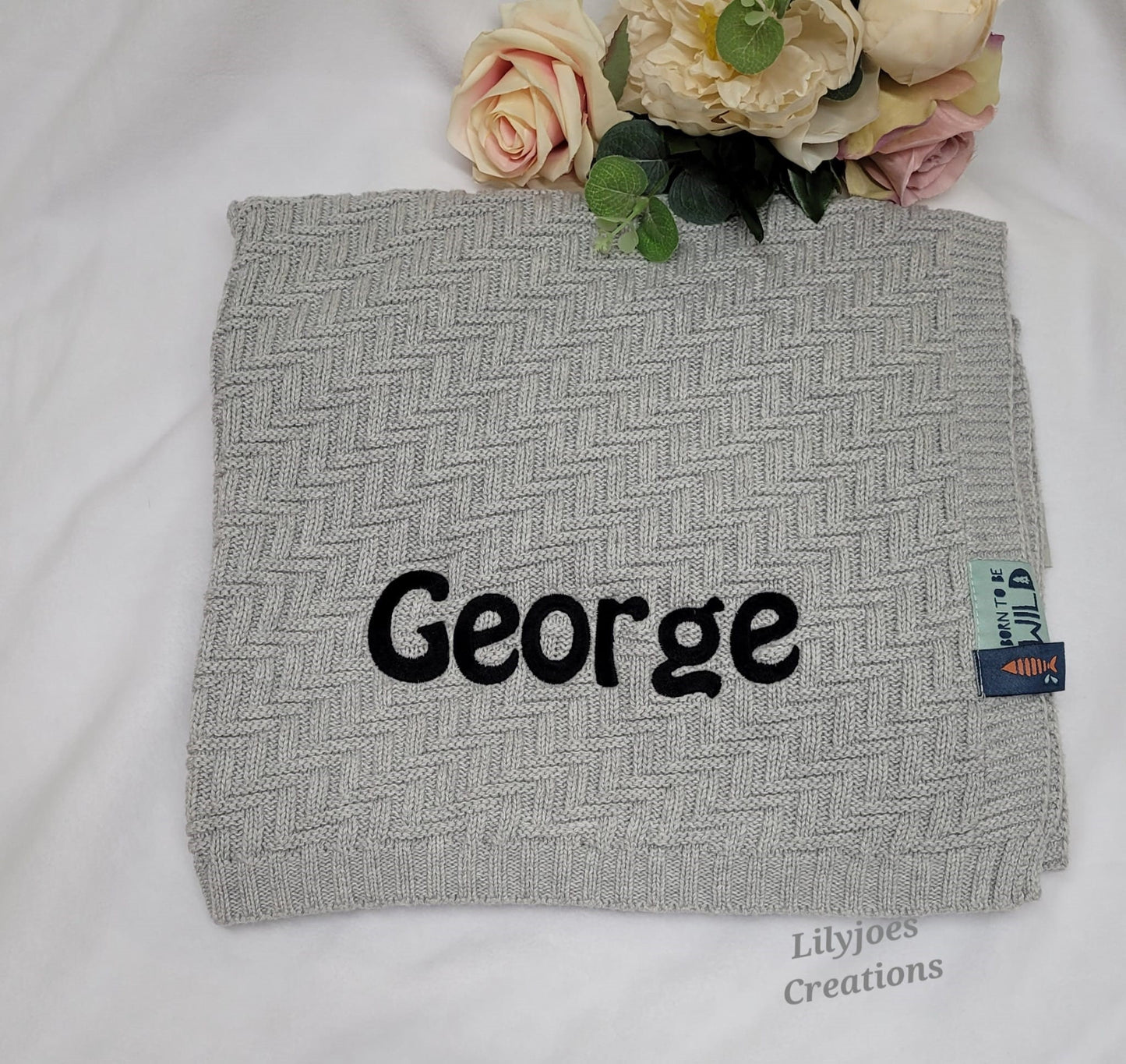 Personalised Embroidered Grey Knitted Baby Blanket
