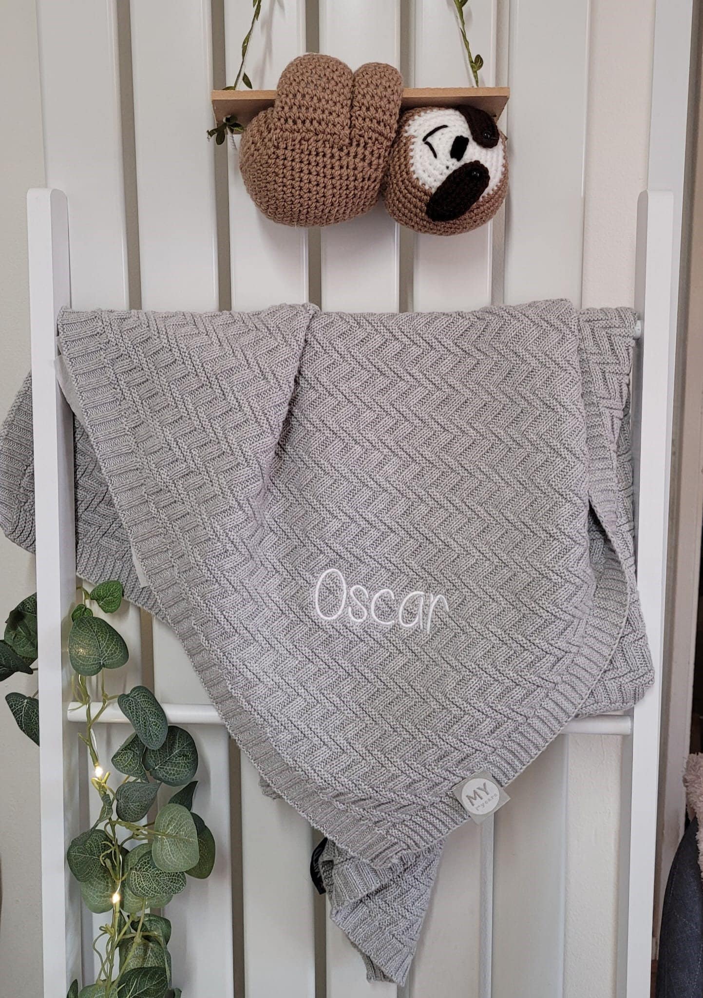 Personalised Embroidered Grey Knitted Baby Blanket