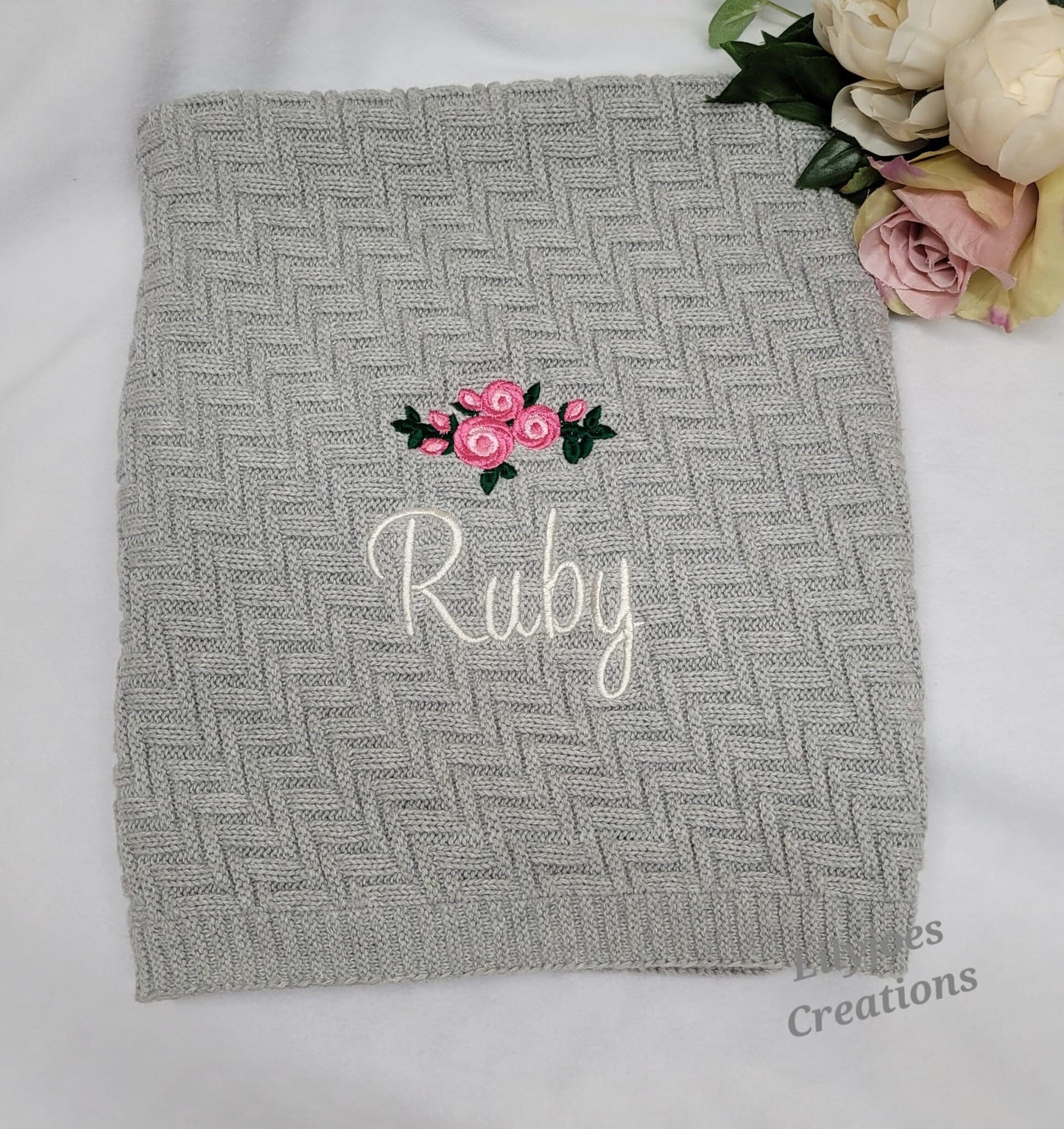 Personalised Embroidered Grey Knitted Baby Blanket