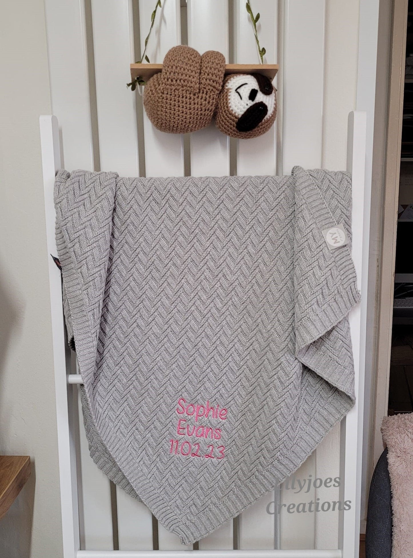 Personalised Embroidered Grey Knitted Baby Blanket