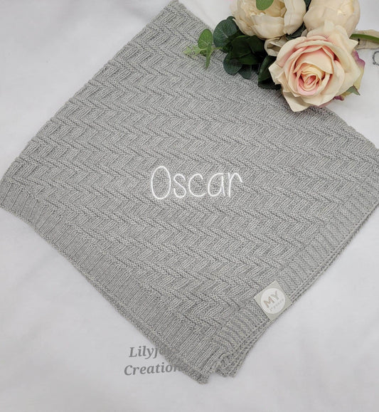Personalised Embroidered Grey Knitted Baby Blanket