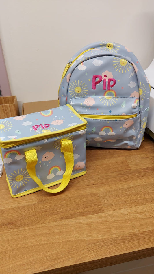 Personalised Sunshine Rainbow Backpack Lunch Bag Set