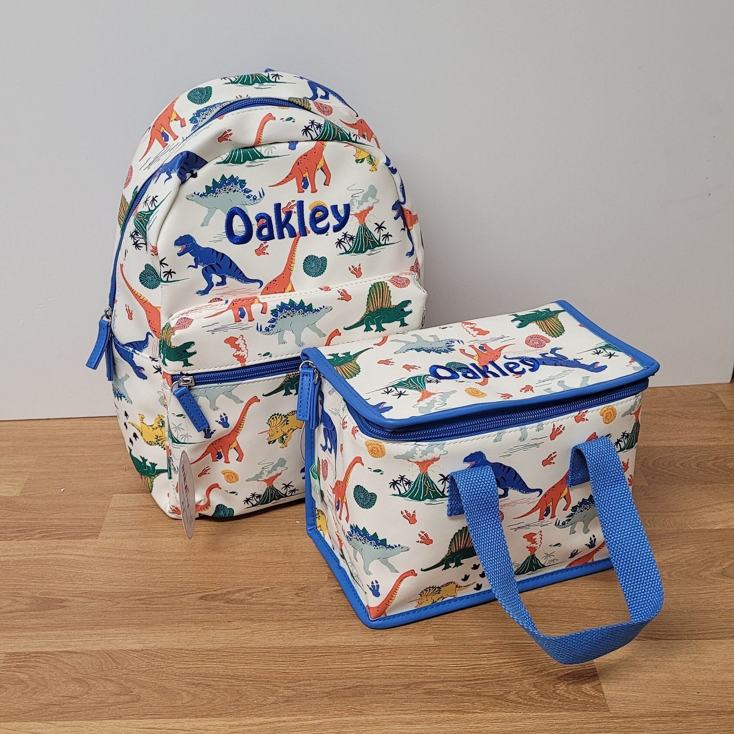 Personalised Colourful Dinosaur Backpack Lunch Bag Set